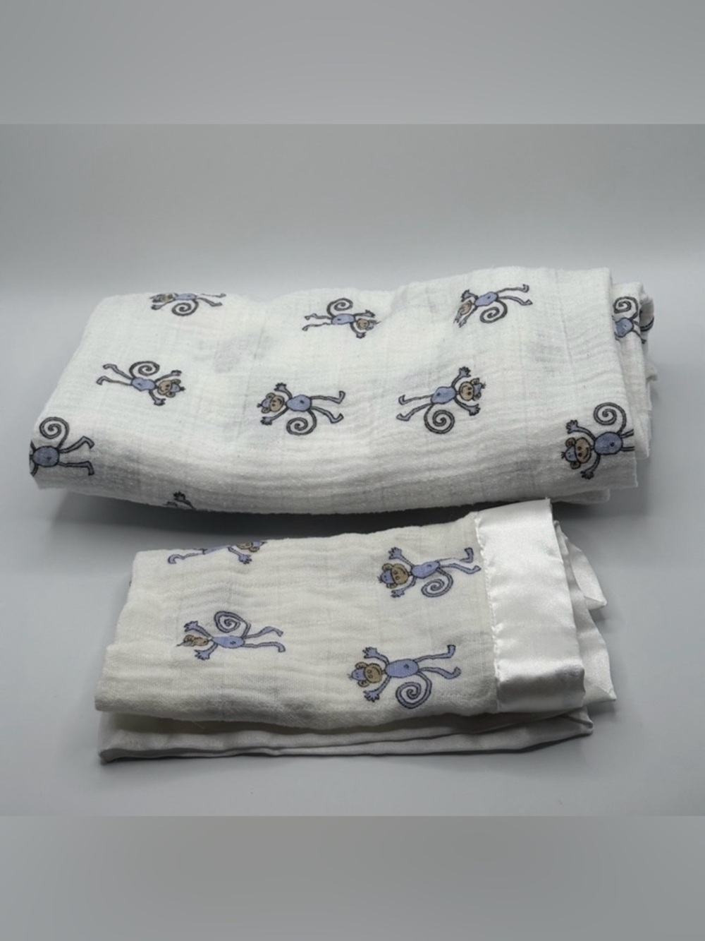 2 ADEN & ANAIS Purple Monkey Muslin Baby Receiving Blanket & lovey W/Satin trim